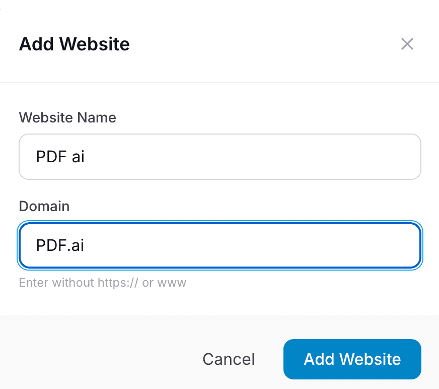 Add website modal in Analytics