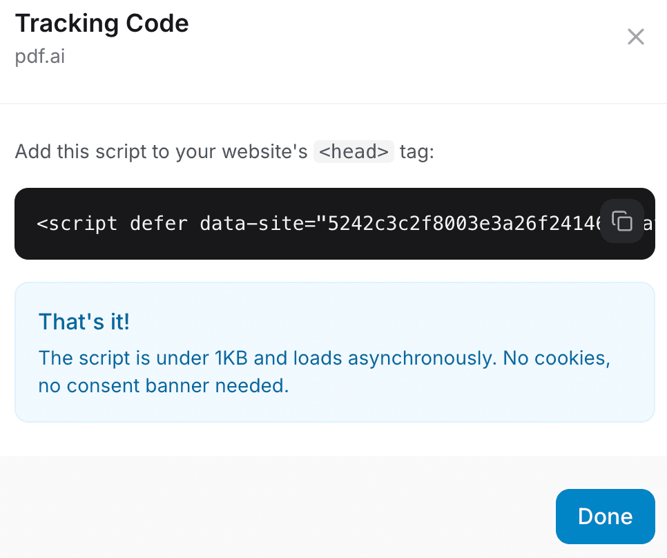 Tracking snippet modal with copy button