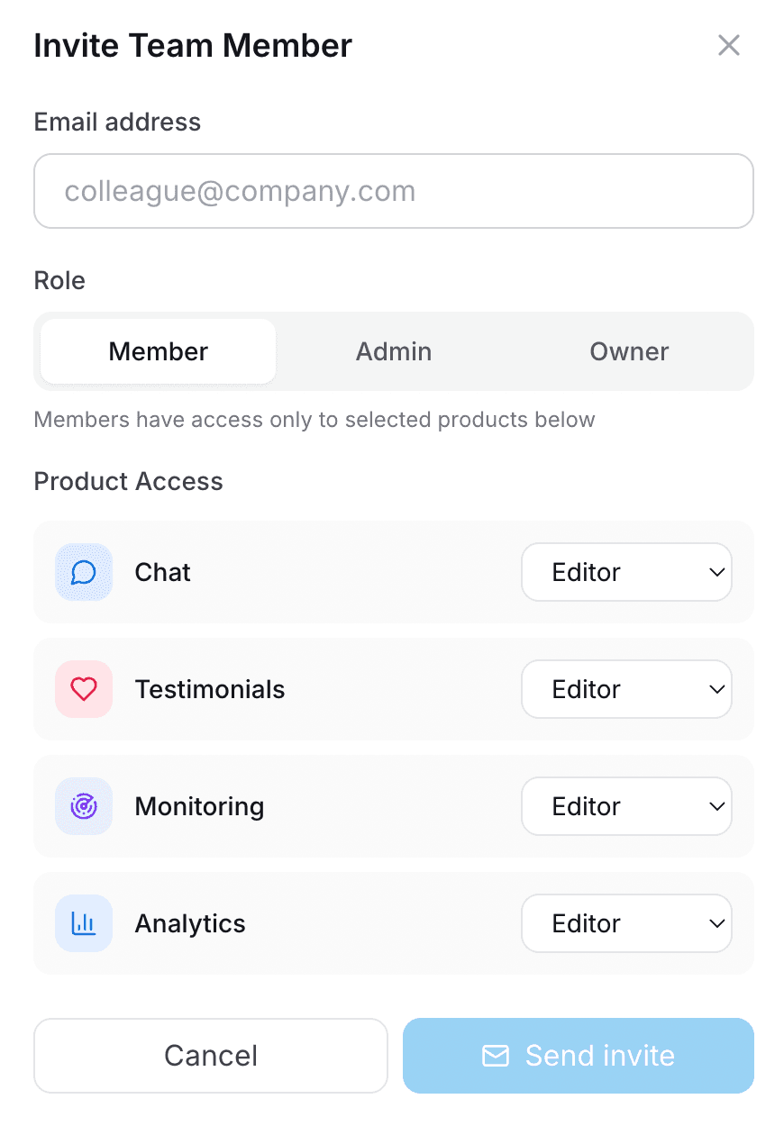 Team invite form with role selector
